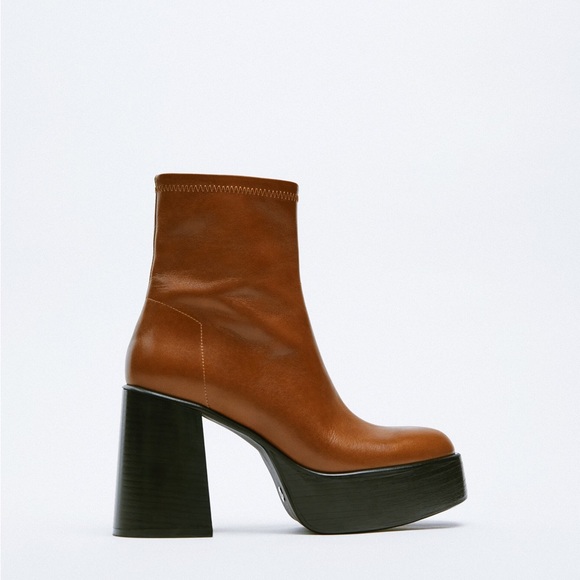 Zara | Platform Leather Heeled Ankle Boots in Brown 40 - Picture 11 of 12